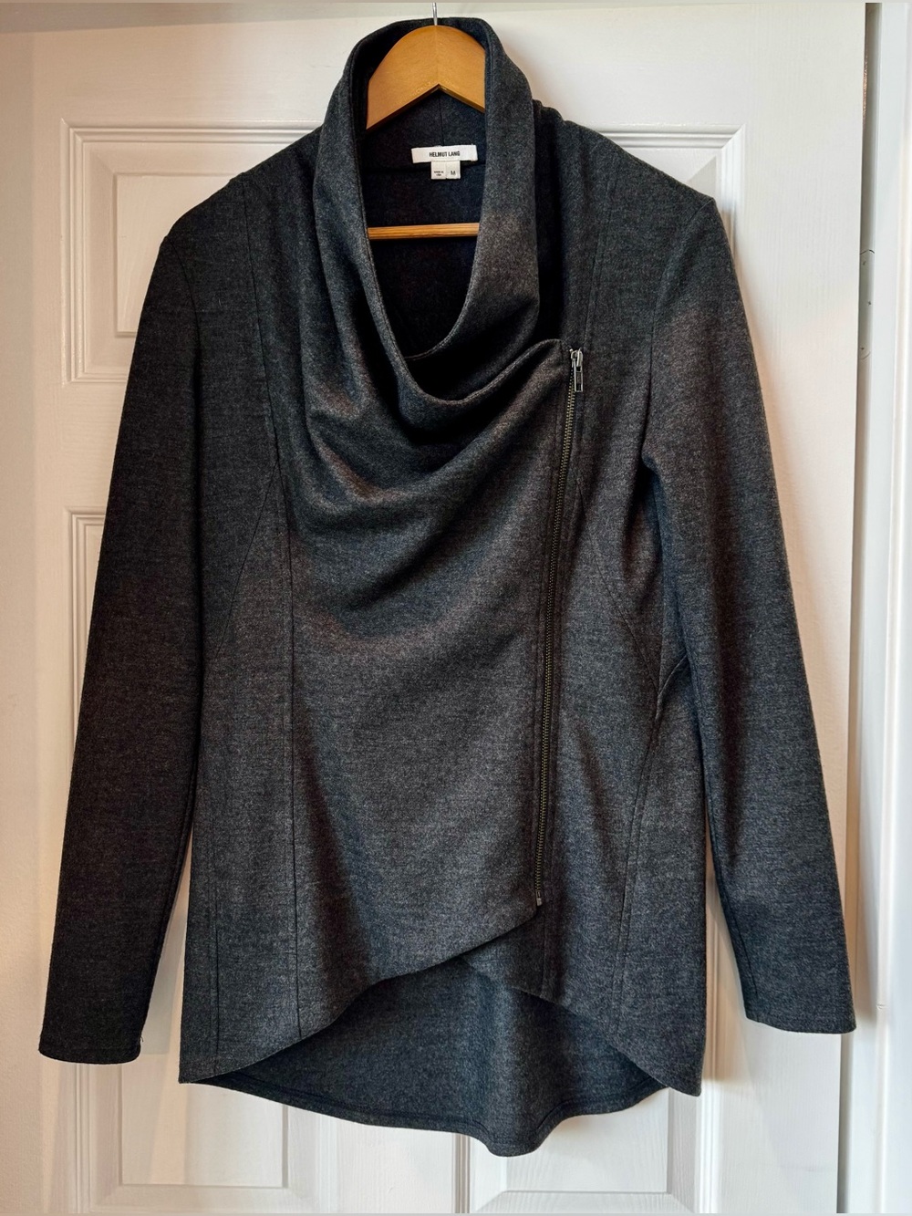 HELMUT LANG Charcoal Draped Asymmetrical Zip-Front Women's Wool Sweater